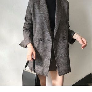 Double Breasted Plaid Blazer [Gray - One Size]